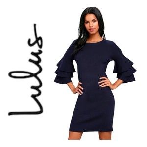 Lulus Everyday Extravagance Navy Blue Flounce Sleeve Sweater Dress Size Small‎